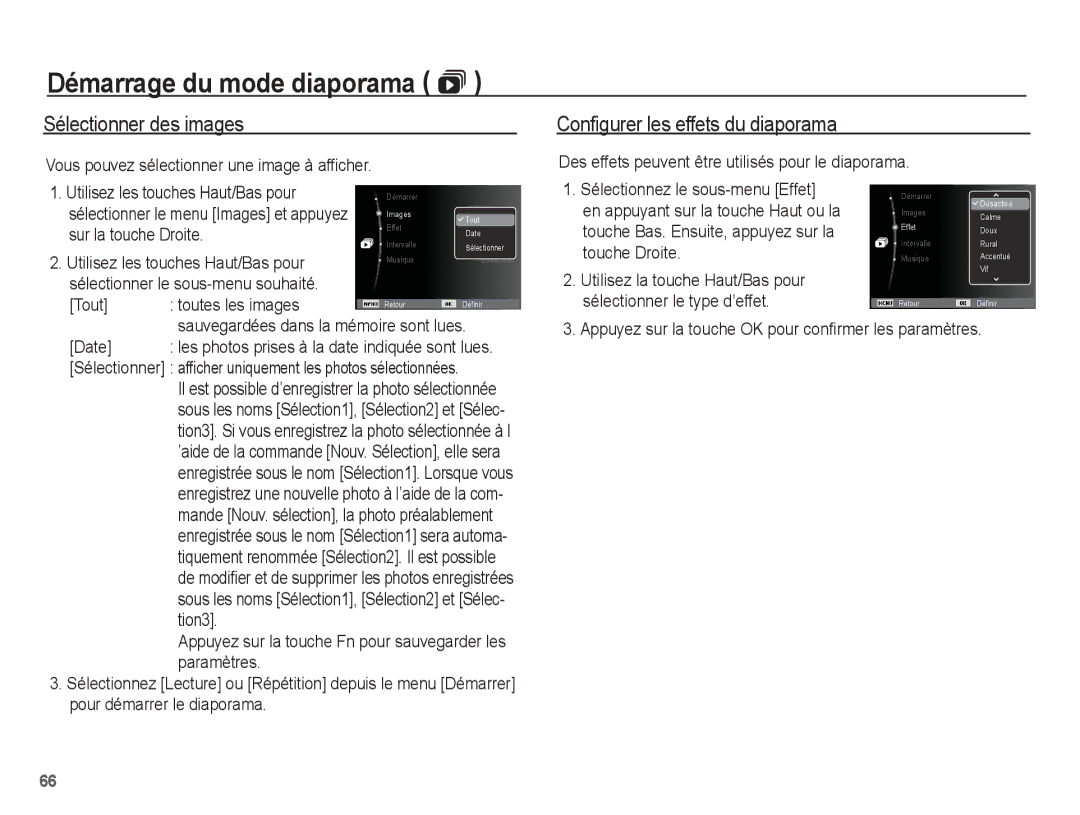 Samsung EC-ES60ZZBPAE1, EC-ES63ZZBPAE1 Sélectionner des images, Configurer les effets du diaporama, Sur la touche Droite 