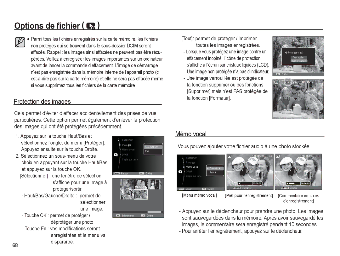 Samsung EC-ES60ZZBPPE1, EC-ES63ZZBPAE1 Protection des images, Vous pouvez ajouter votre fichier audio à une photo stockée 