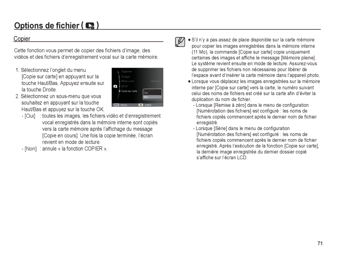 Samsung EC-ES63ZZBPAE1, EC-ES60ZZBPPE1, EC-ES60ZZBPBE1 Copier, Sélectionnez l’onglet du menu, La touche Droite, Oui, Non 