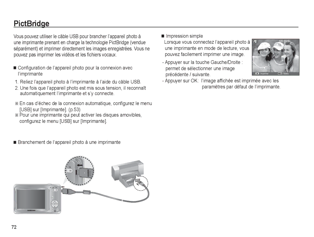 Samsung EC-ES60ZZBPPE1, EC-ES63ZZBPAE1, EC-ES60ZZBPBE1, EC-ES60ZZBPAE1 manual PictBridge, Précédente / suivante 