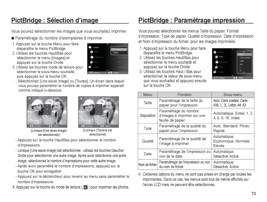 Samsung EC-ES60ZZBPBE1, EC-ES63ZZBPAE1, EC-ES60ZZBPPE1 manual PictBridge Sélection d’image, PictBridge Paramétrage impression 