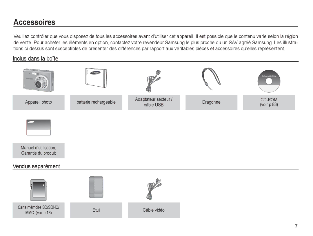 Samsung EC-ES63ZZBPAE1, EC-ES60ZZBPPE1, EC-ES60ZZBPBE1, EC-ES60ZZBPAE1 Accessoires, Inclus dans la boîte, Vendus séparément 