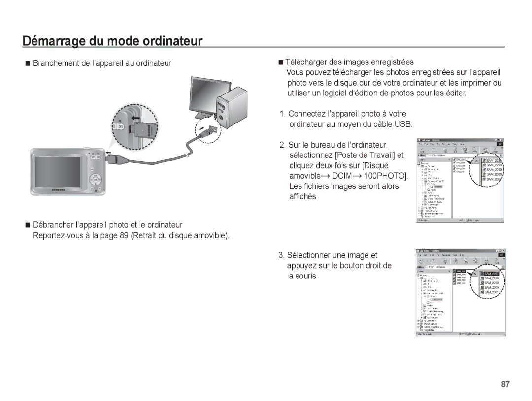 Samsung EC-ES63ZZBPAE1, EC-ES60ZZBPPE1 manual Branchement de l’appareil au ordinateur, Télécharger des images enregistrées 