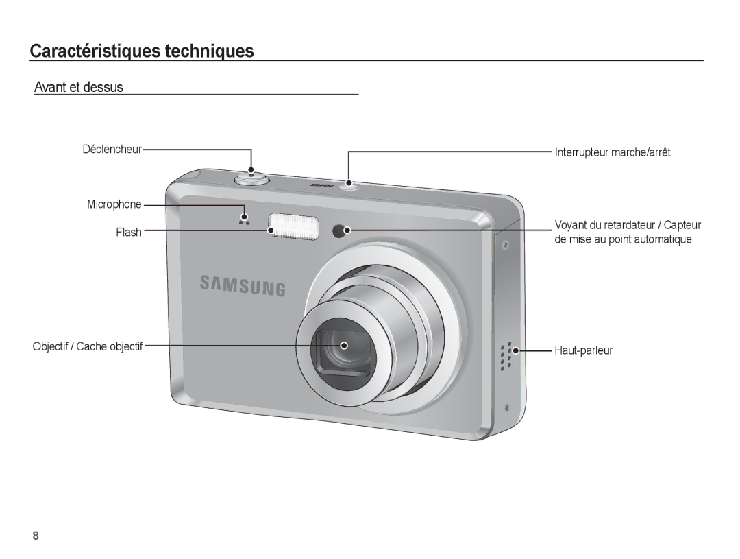 Samsung EC-ES60ZZBPPE1, EC-ES63ZZBPAE1, EC-ES60ZZBPBE1 manual Caractéristiques techniques, Avant et dessus, Haut-parleur 