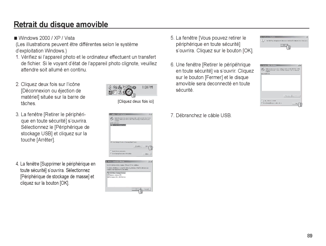 Samsung EC-ES60ZZBPBE1 manual Retrait du disque amovible, Matériel située sur la barre de Tâches, Débranchez le câble USB 