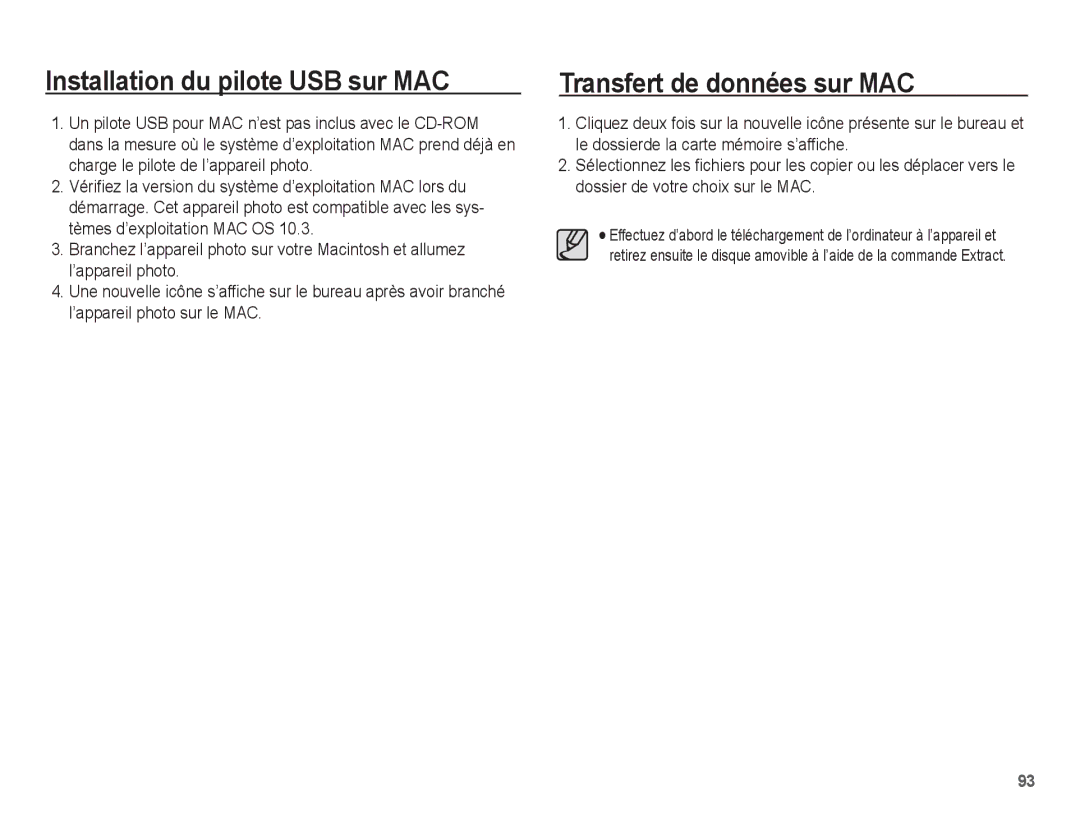 Samsung EC-ES60ZZBPBE1, EC-ES63ZZBPAE1, EC-ES60ZZBPPE1 Installation du pilote USB sur MAC, Transfert de données sur MAC 