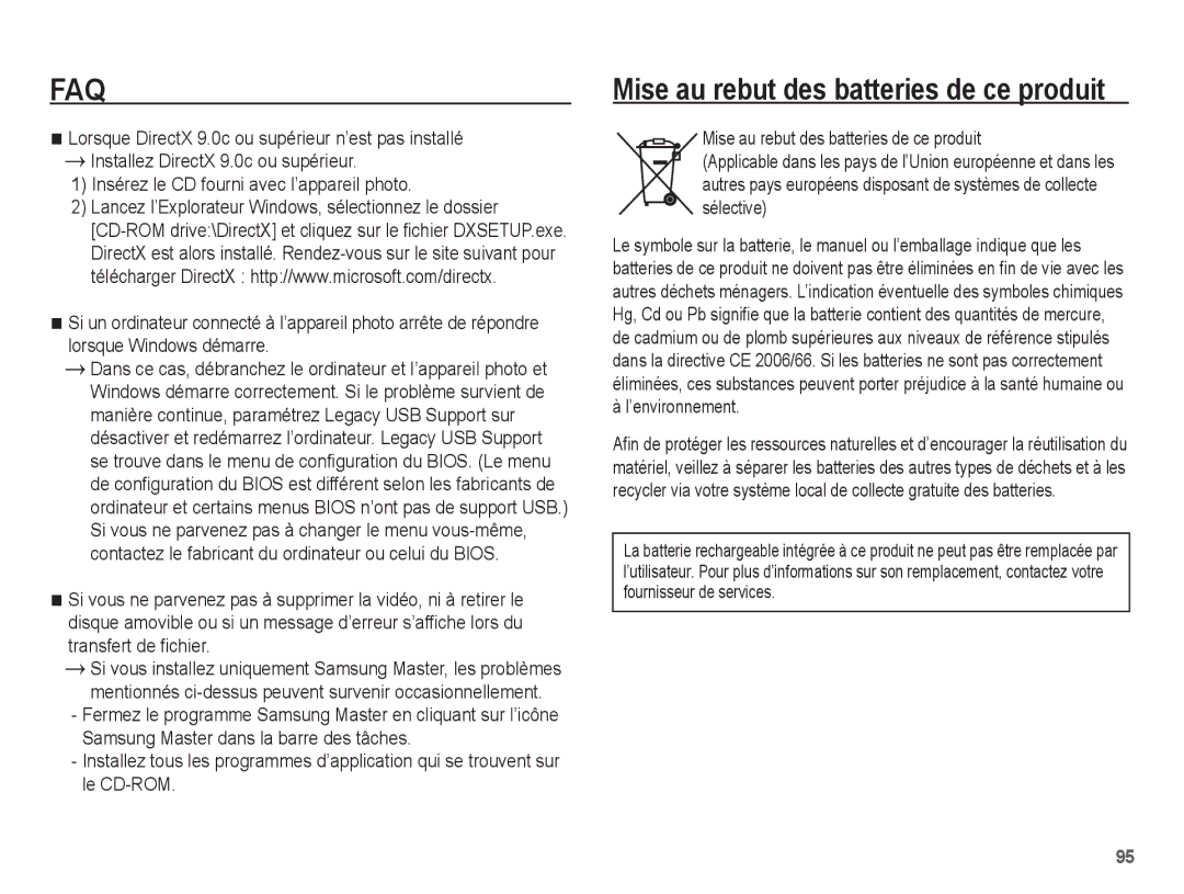 Samsung EC-ES63ZZBPAE1, EC-ES60ZZBPPE1, EC-ES60ZZBPBE1, EC-ES60ZZBPAE1 manual Mise au rebut des batteries de ce produit 