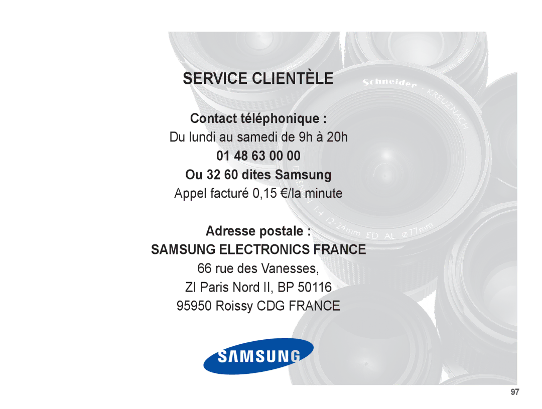 Samsung EC-ES60ZZBPBE1, EC-ES63ZZBPAE1 manual Contact téléphonique, 01 48 63 00 Ou 32 60 dites Samsung, Adresse postale 