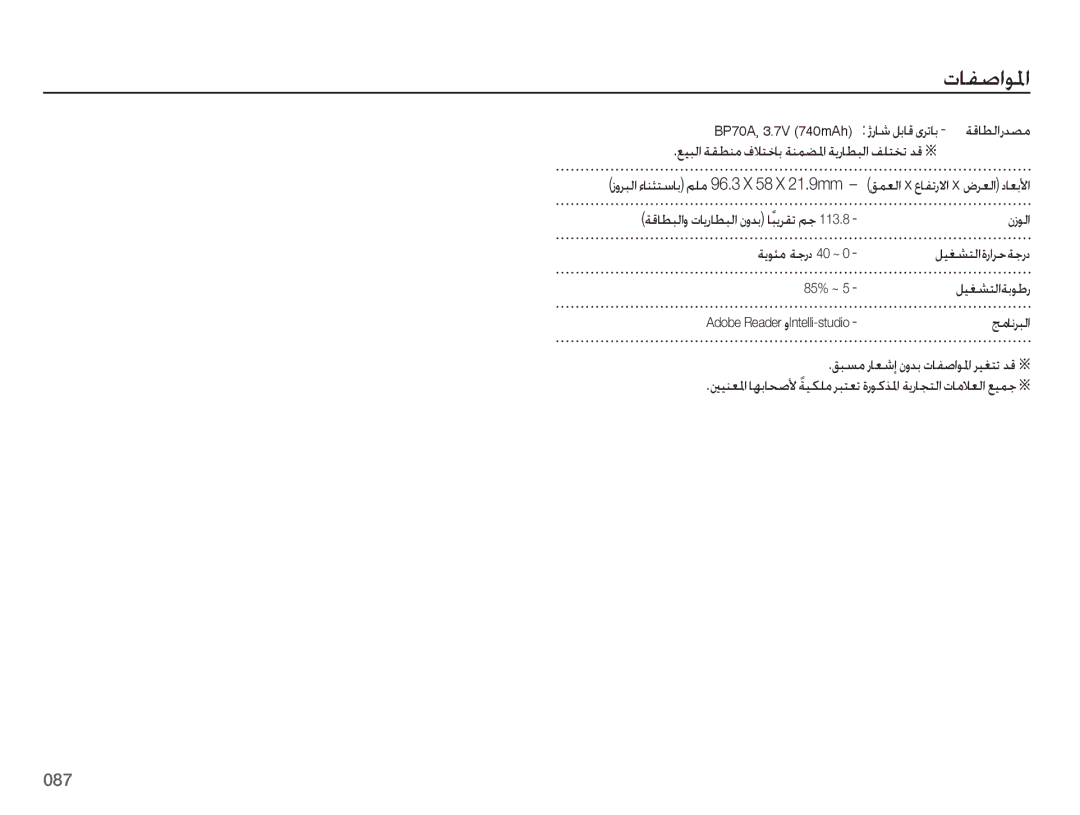 Samsung EC-ES65ZZDPSME ﻊﻴﺒﻟﺍ ﺔﻘﻄﻨﻣ ﻑﻼﺘﺧﺎﺑ ﺔﻨﻤﻀﳌﺍ ﺔﻳﺭﺎﻄﺒﻟﺍ ﻒﻠﺘﺨﺗ ﺪﻗ Ä, ﺯﻭﺮﺒﻟﺍﺀﺎﻨﺜﺘﺳﺎﺑ ﻢﻠﻣ 96.3 X 58 X 21.9mm, ﻞﻴﻐﺸﺘﻟﺍﺔﺑﻮﻃﺭ 