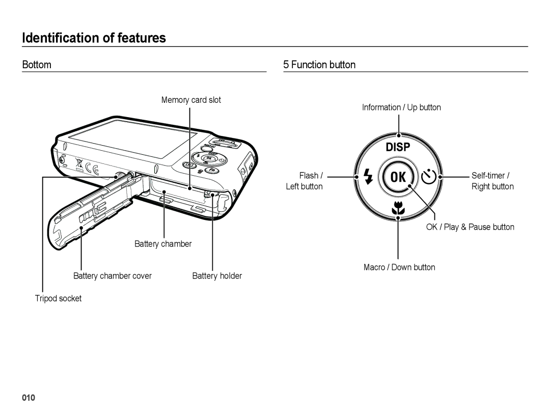 Samsung EC-ES65ZZBPRE1 manual Bottom Function button, Memory card slot Information / Up button, Battery chamber cover 