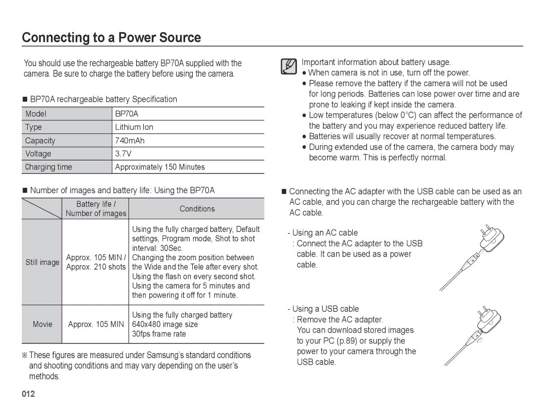 Samsung EC-ES65ZZBPWE1, EC-ES65ZZBPBGB manual Connecting to a Power Source, BP70A rechargeable battery Specification 