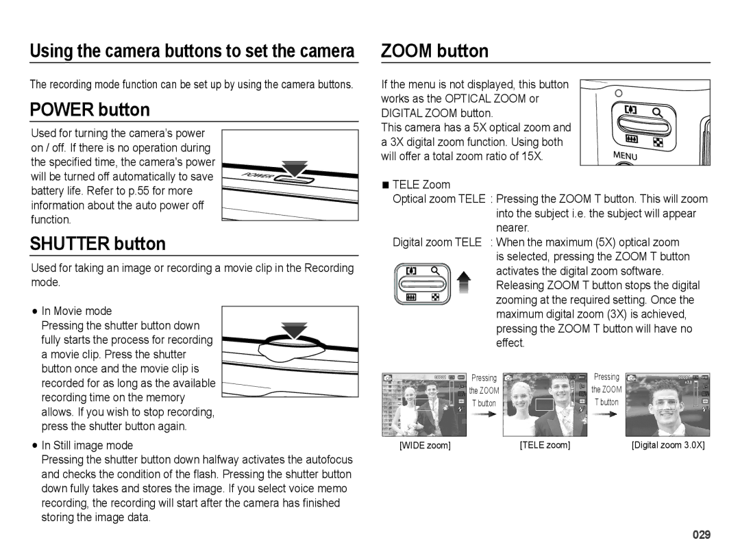 Samsung EC-ES65ZZBPBDZ, EC-ES65ZZBPBGB, EC-ES67ZZBPBE1 manual Power button, Shutter button, Zoom button, Still image mode 