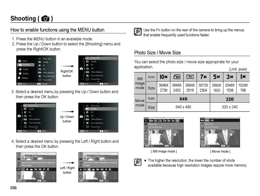 Samsung EC-ES65ZZBPRZA, EC-ES65ZZBPBGB manual How to enable functions using the Menu button, Photo Size / Movie Size 