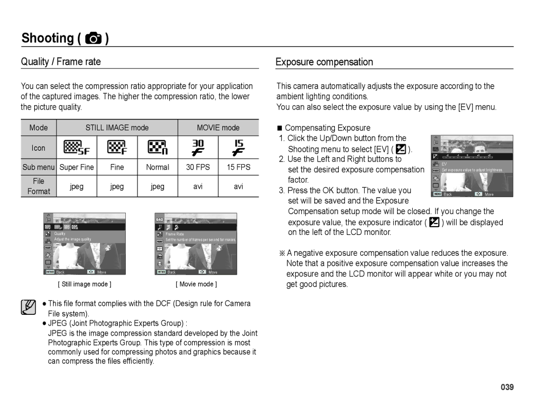 Samsung EC-ES65ZZBPSSA Quality / Frame rate, Exposure compensation, Compensating Exposure Click the Up/Down button from 