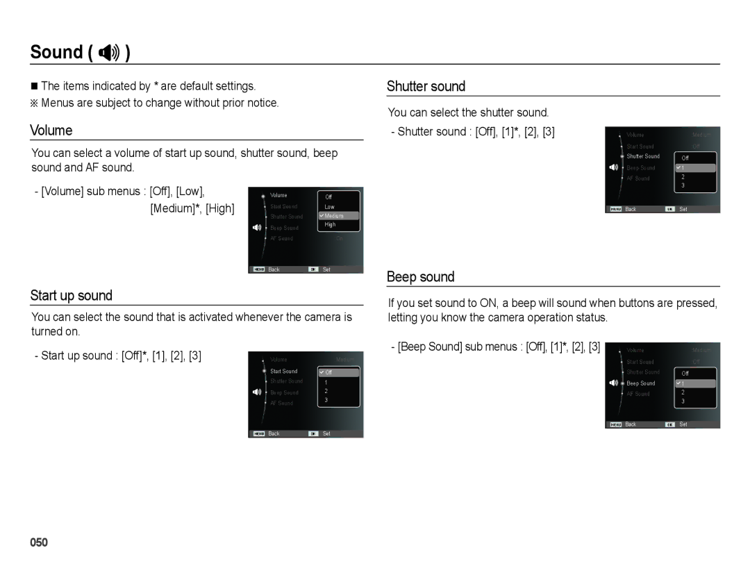 Samsung EC-ES65ZZBPWVN, EC-ES65ZZBPBGB, EC-ES67ZZBPBE1 manual Sound #, Volume, Start up sound, Shutter sound, Beep sound 