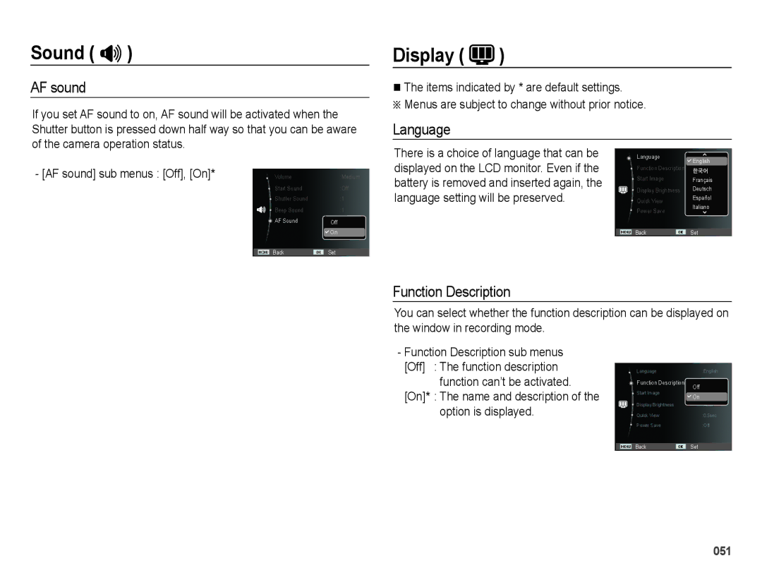 Samsung EC-ES65ZZBPWE3, EC-ES65ZZBPBGB manual Display, AF sound, Language, Function Description, Option is displayed 