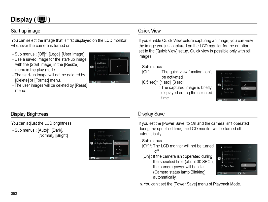 Samsung EC-ES65ZZBPPE3, EC-ES65ZZBPBGB, EC-ES67ZZBPBE1 manual Start up image, Quick View, Display Brightness Display Save 