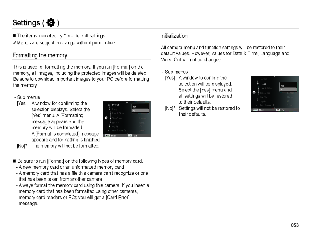 Samsung EC-ES65ZZBPBE3 manual Settings, Formatting the memory Initialization, Sub menus, To their defaults, Their defaults 