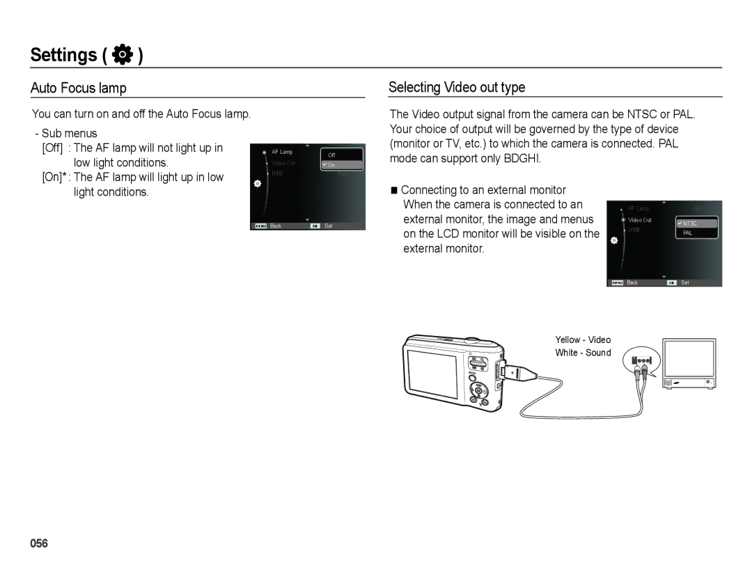 Samsung EC-ES65ZZBPSE2 Auto Focus lamp Selecting Video out type, On* The AF lamp will light up in low light conditions 