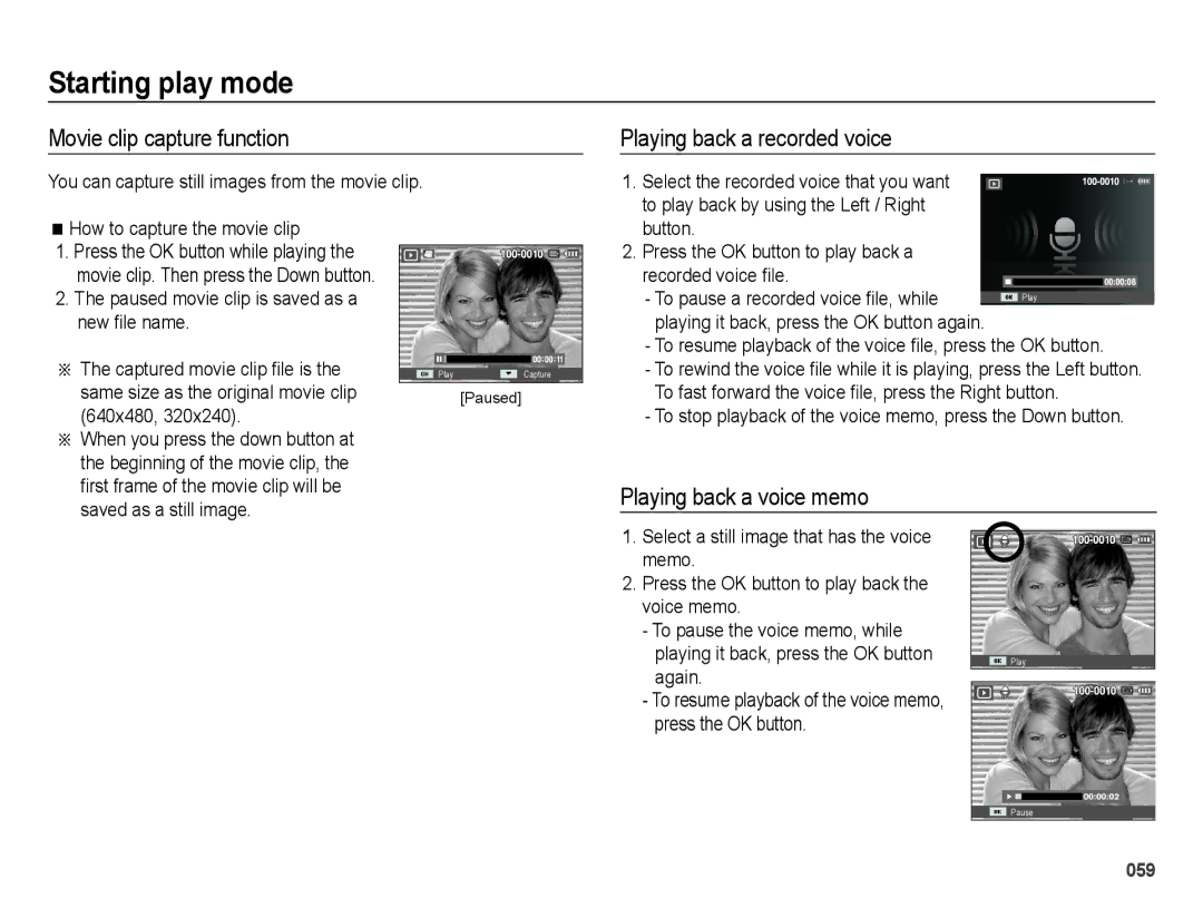 Samsung EC-ES65ZZBPSRU manual Movie clip capture function, Playing back a recorded voice, Playing back a voice memo 