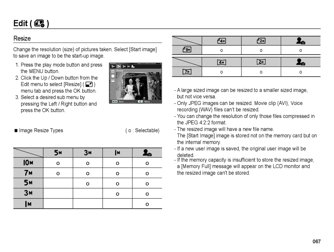 Samsung EC-ES65ZZBPBE1, EC-ES65ZZBPBGB, EC-ES67ZZBPBE1, EC-ES67ZZBPWE1, EC-ES65ZZBPSIT, EC-ES65ZZBPWIT manual Edit, Resize 