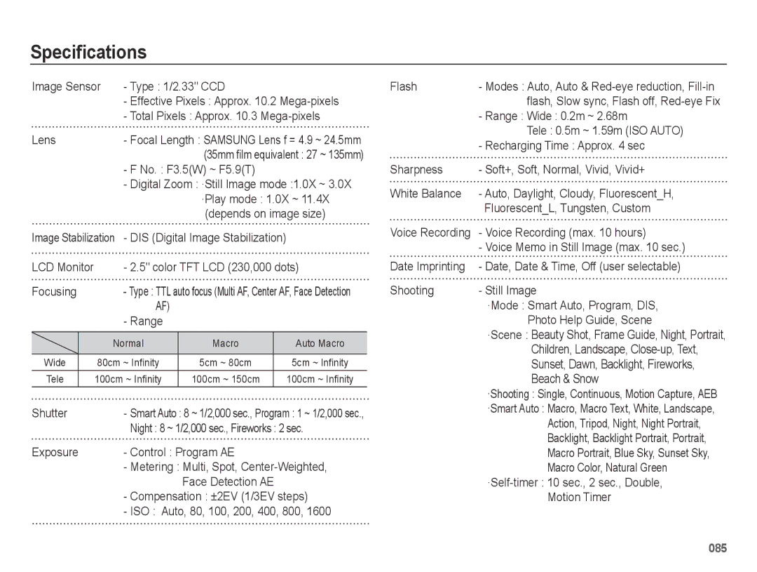 Samsung EC-ES65ZZBPSIL, EC-ES65ZZBPBGB, EC-ES67ZZBPBE1, EC-ES67ZZBPWE1, EC-ES65ZZBPBE1, EC-ES65ZZBPSIT manual Specifications 