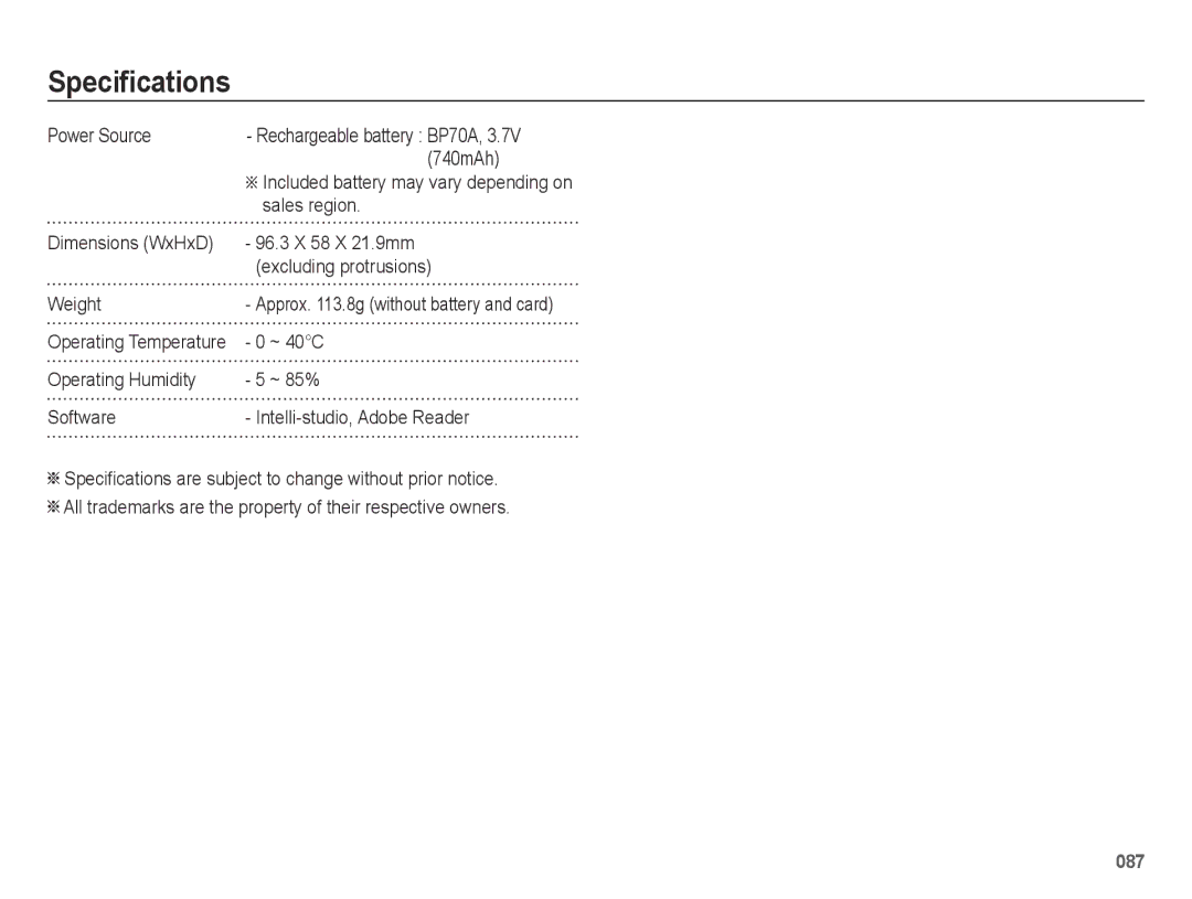 Samsung EC-ES65ZZBPBZA, EC-ES65ZZBPBGB, EC-ES67ZZBPBE1, EC-ES67ZZBPWE1 manual Power Source, 740mAh, Sales region, ~ 40C 