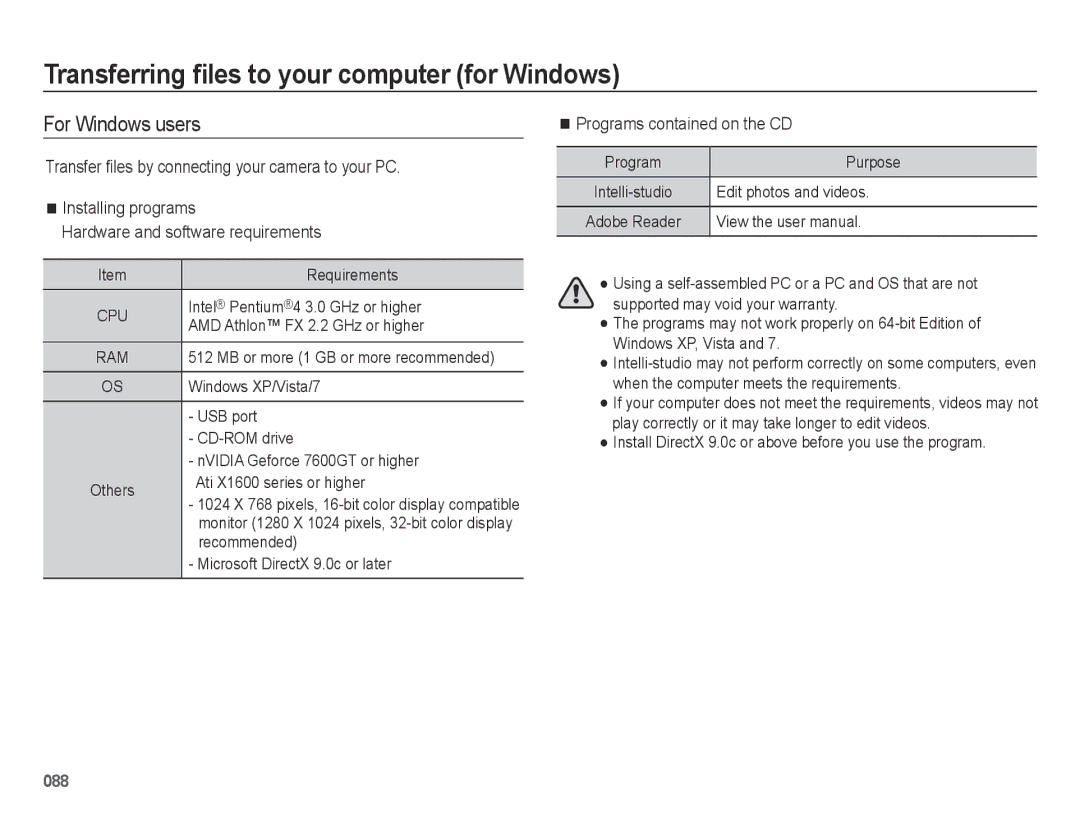 Samsung EC-ES65ZZBPRIL Transferring files to your computer for Windows, For Windows users, Programs contained on the CD 