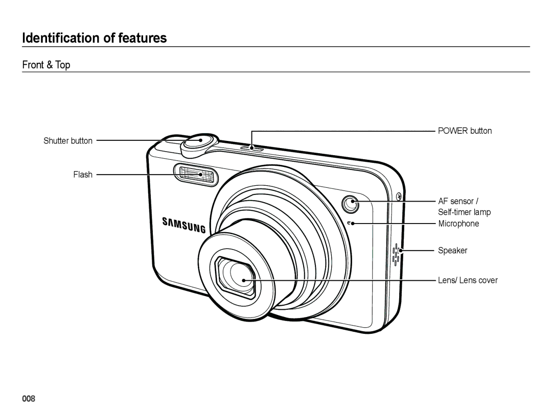 Samsung EC-ES65ZZBPRIT, EC-ES65ZZBPBGB, EC-ES67ZZBPBE1, EC-ES67ZZBPWE1 manual Identification of features, Front & Top 