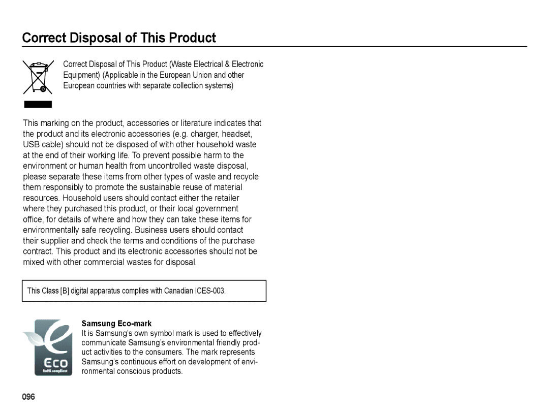 Samsung EC-ES65ZZDPBIR, EC-ES65ZZBPBGB, EC-ES67ZZBPBE1, EC-ES67ZZBPWE1 Correct Disposal of This Product, Samsung Eco-mark 