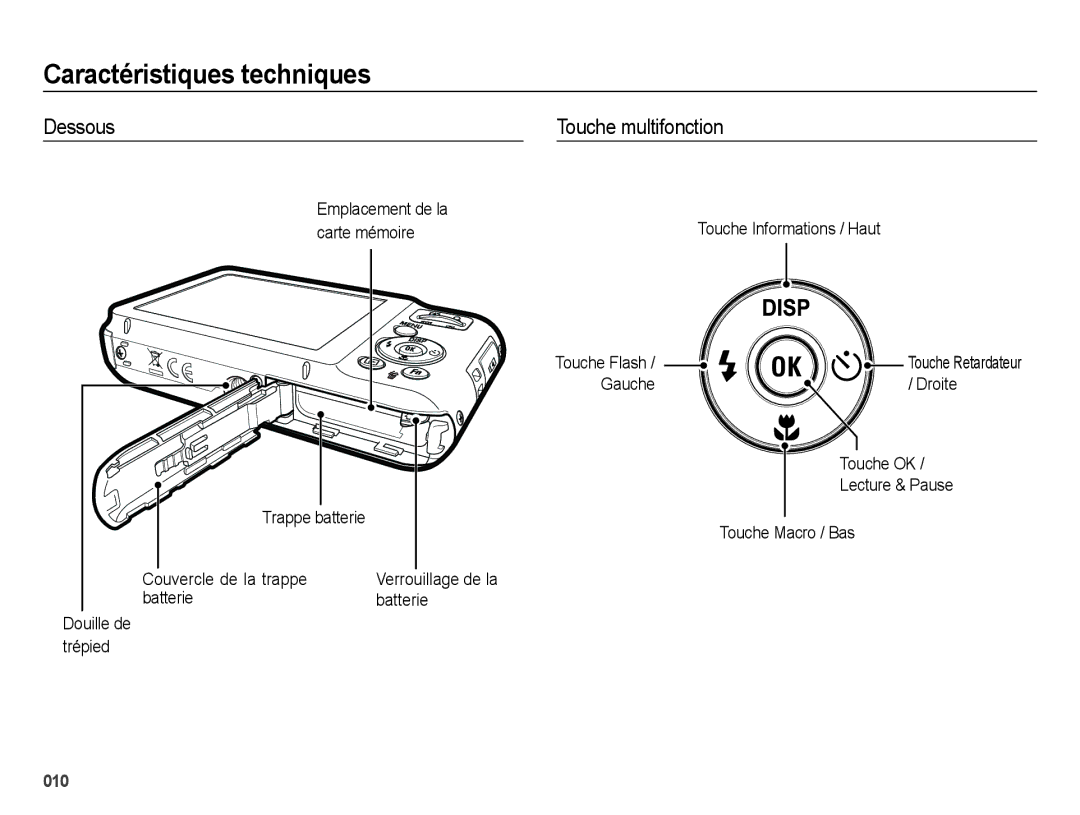 Samsung EC-ES65ZZBPBE1 manual Dessous Touche multifonction, Gauche Droite Touche OK Lecture & Pause, Touche Macro / Bas 