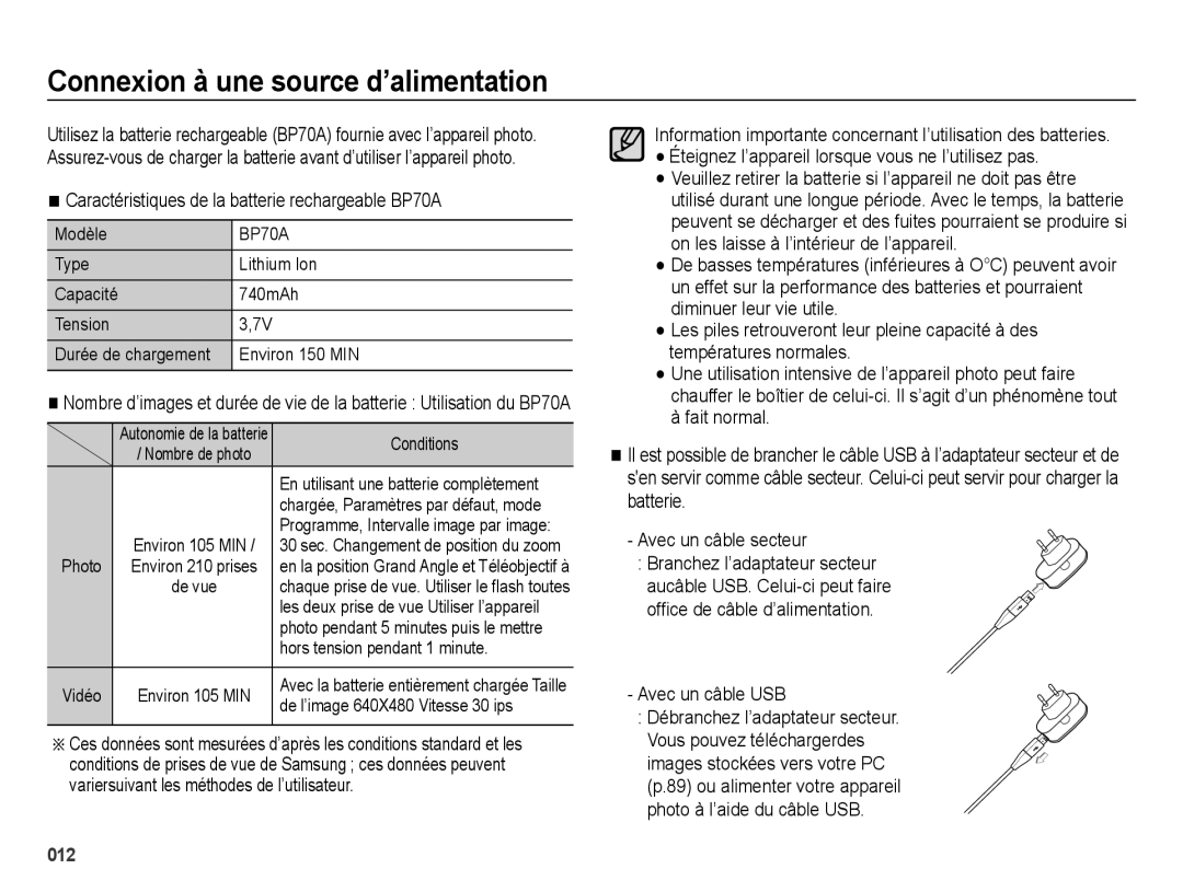 Samsung EC-ES67ZZBPBE1 manual Connexion à une source d’alimentation, Caractéristiques de la batterie rechargeable BP70A 