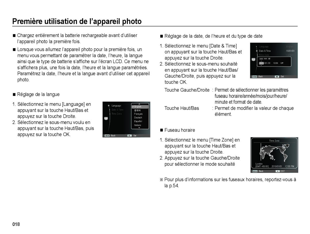 Samsung EC-ES65ZZBPBE1 manual Première utilisation de l’appareil photo, Réglage de la langue, Appuyez sur la touche Droite 