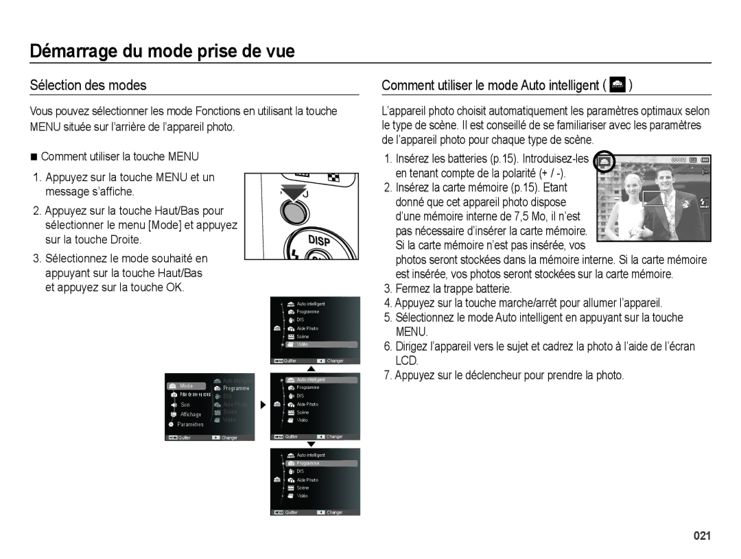 Samsung EC-ES67ZZBPWE1 Démarrage du mode prise de vue, Sélection des modes, Comment utiliser le mode Auto intelligent 