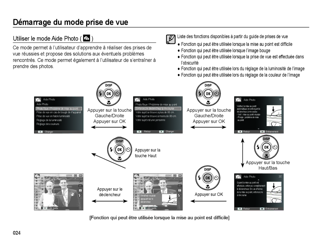 Samsung EC-ES67ZZBPBE1 manual Utiliser le mode Aide Photo, Appuyer sur la touche Haut/Bas, Appuyer sur le Déclencheur 