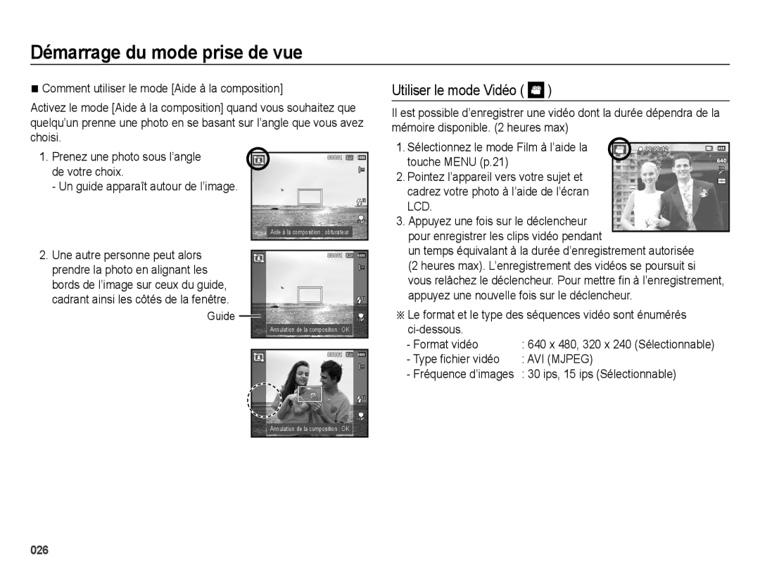 Samsung EC-ES65ZZBPBE1 Utiliser le mode Vidéo, Type ﬁchier vidéo, 30 ips, 15 ips Sélectionnable, Guide, Fréquence d’images 