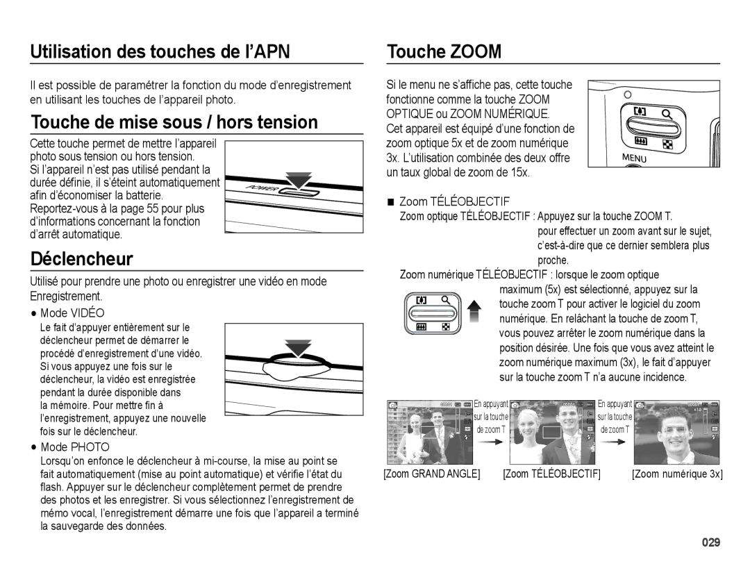 Samsung EC-ES67ZZBPWE1 Utilisation des touches de l’APN, Touche de mise sous / hors tension, Déclencheur, Touche Zoom 