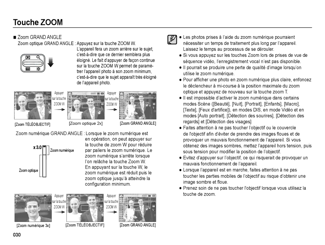 Samsung EC-ES65ZZBPBE1, EC-ES65ZZBPBGB, EC-ES67ZZBPBE1, EC-ES67ZZBPWE1 manual Zoom Grand Angle, Touche de zoom 