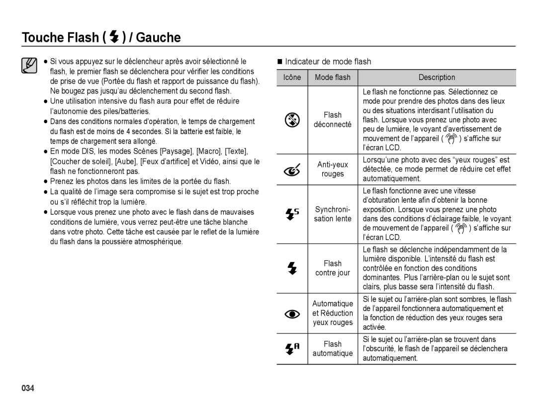 Samsung EC-ES65ZZBPBE1, EC-ES65ZZBPBGB, EC-ES67ZZBPBE1, EC-ES67ZZBPWE1 manual Indicateur de mode ﬂash 