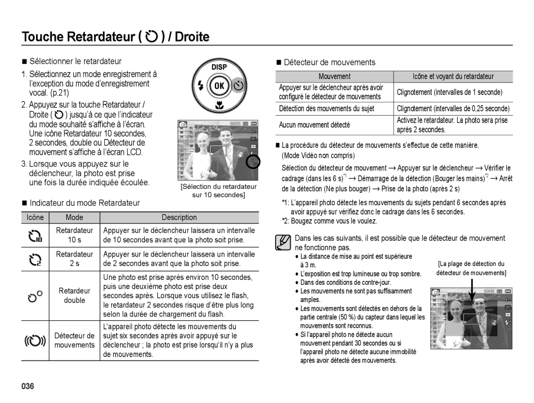 Samsung EC-ES67ZZBPBE1 manual Sélectionner le retardateur, Indicateur du mode Retardateur, Détecteur de mouvements 