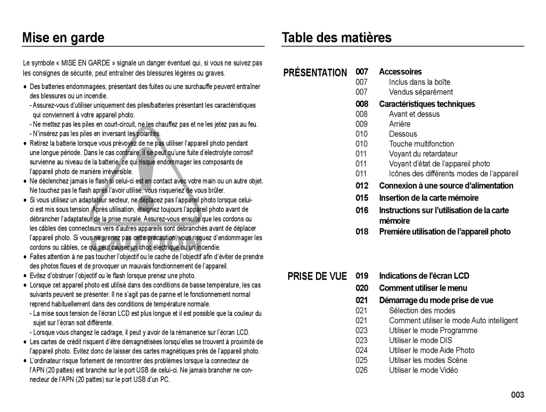 Samsung EC-ES65ZZBPBGB manual Mise en garde, Table des matières, ’insérez pas les piles en inversant les polarités 