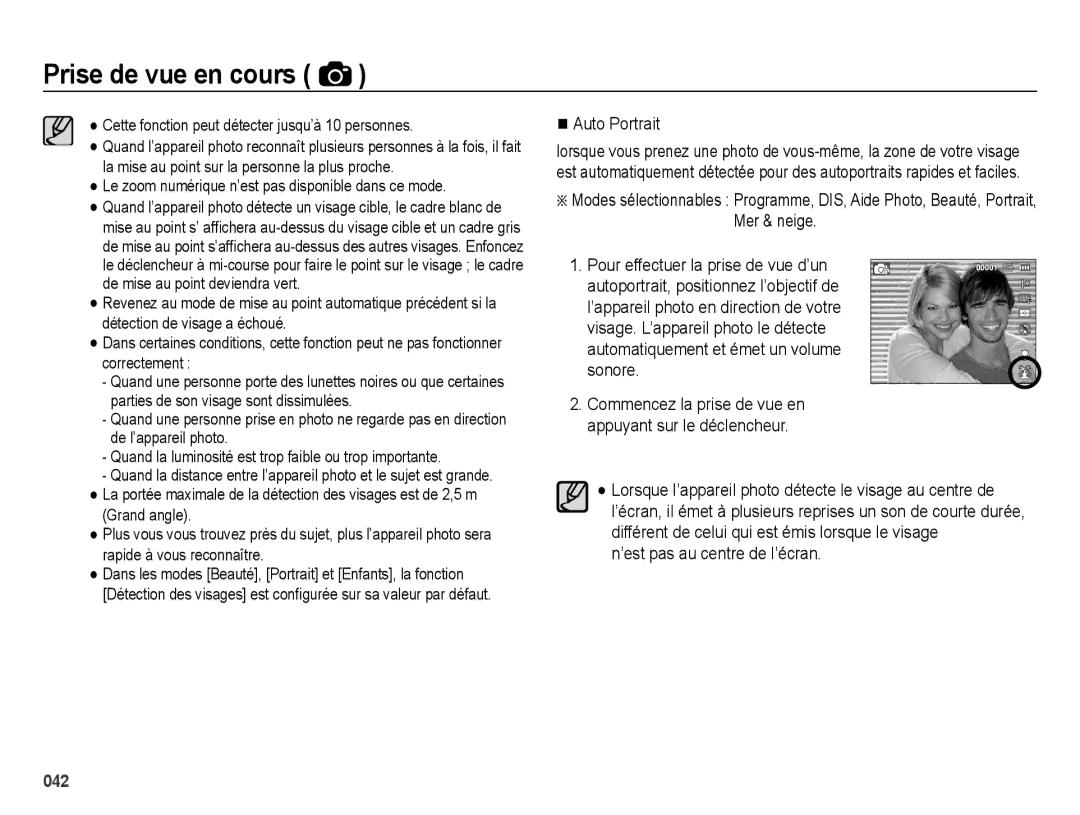 Samsung EC-ES65ZZBPBE1 Auto Portrait, ’est pas au centre de l’écran, Cette fonction peut détecter jusqu’à 10 personnes 