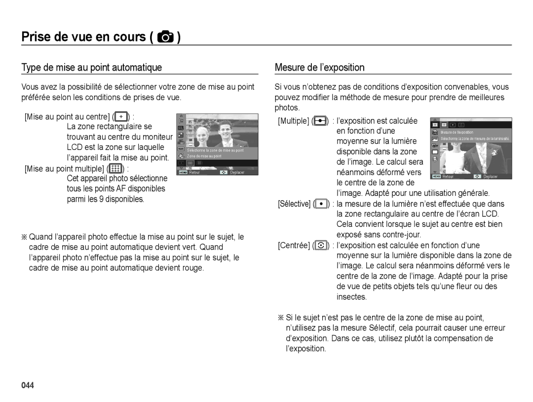 Samsung EC-ES67ZZBPBE1, EC-ES65ZZBPBGB, EC-ES67ZZBPWE1 manual Type de mise au point automatique, Mesure de l’exposition 