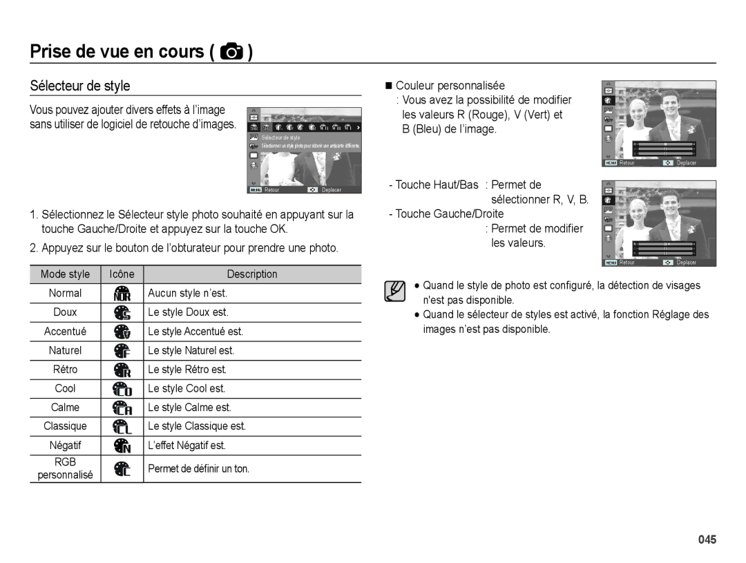 Samsung EC-ES67ZZBPWE1, EC-ES65ZZBPBGB, EC-ES67ZZBPBE1, EC-ES65ZZBPBE1 manual Sélecteur de style, Touche Gauche/Droite 