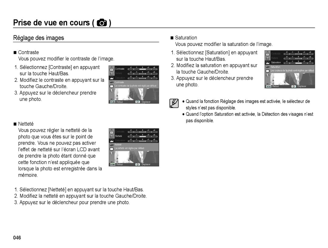 Samsung EC-ES65ZZBPBE1, EC-ES65ZZBPBGB, EC-ES67ZZBPBE1, EC-ES67ZZBPWE1 manual Réglage des images 