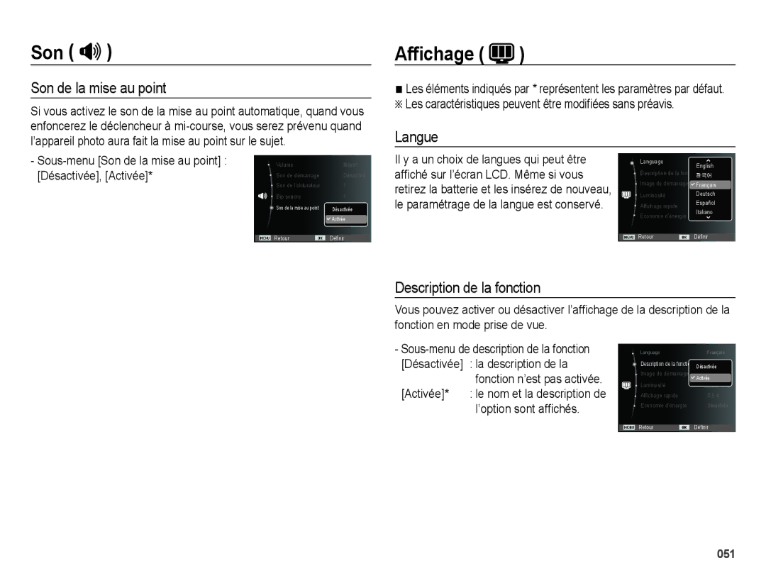 Samsung EC-ES65ZZBPBGB, EC-ES67ZZBPBE1 manual Affichage, Son de la mise au point, Langue, Description de la fonction 