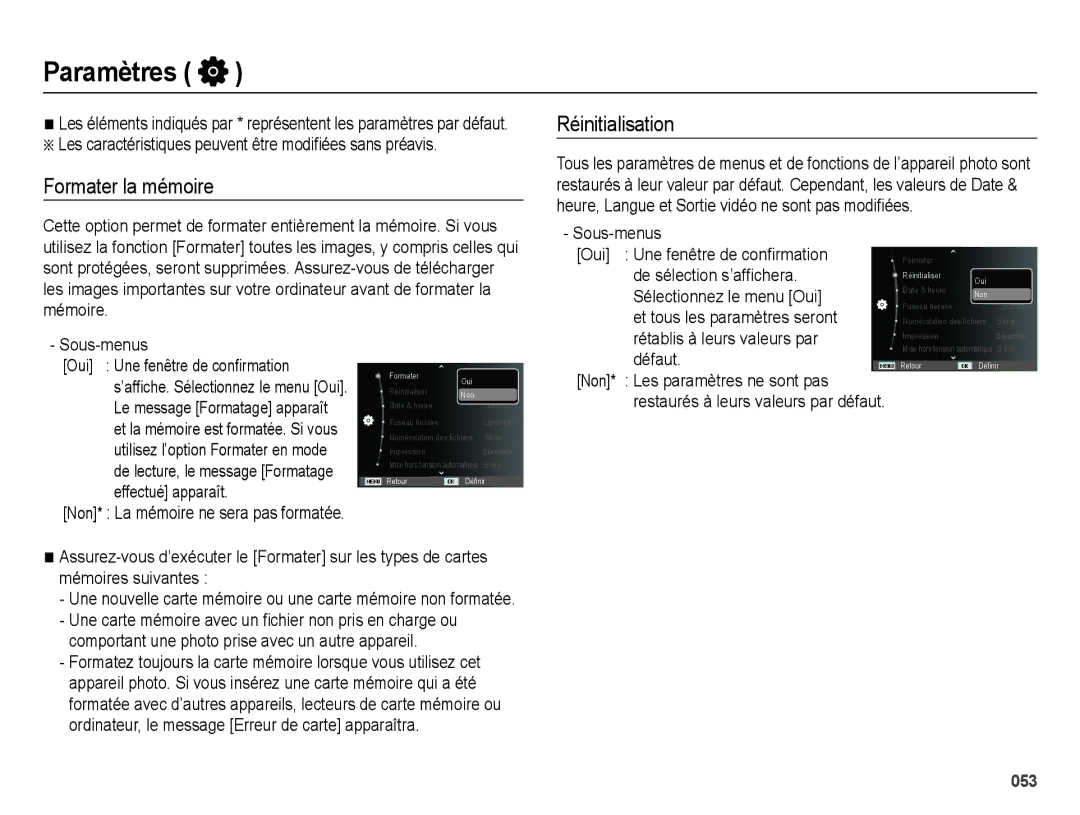 Samsung EC-ES67ZZBPWE1, EC-ES65ZZBPBGB, EC-ES67ZZBPBE1, EC-ES65ZZBPBE1 Paramètres, Formater la mémoire, Réinitialisation 