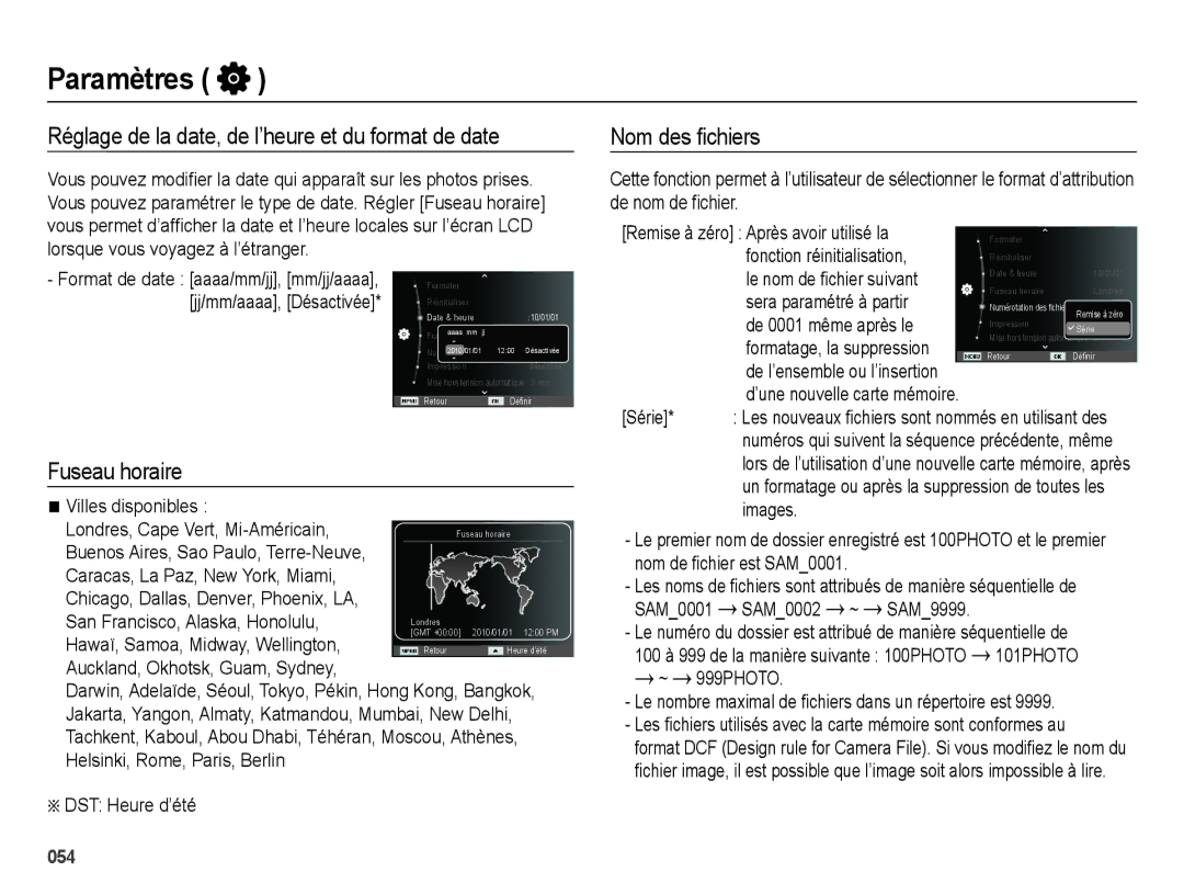 Samsung EC-ES65ZZBPBE1 manual Réglage de la date, de l’heure et du format de date, Fuseau horaire, Nom des ﬁchiers 