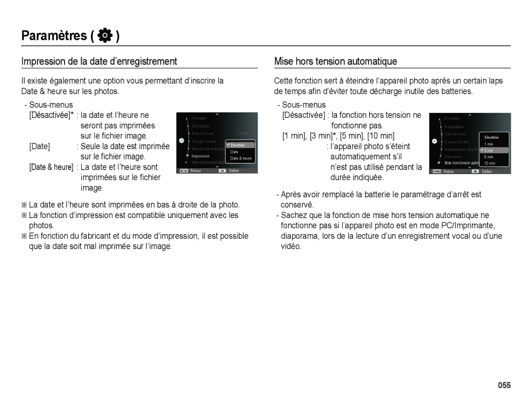 Samsung EC-ES65ZZBPBGB Impression de la date d’enregistrement, Mise hors tension automatique, Min, 3 min*, 5 min, 10 min 