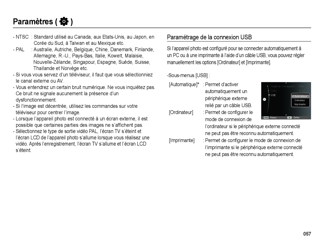 Samsung EC-ES67ZZBPWE1, EC-ES65ZZBPBGB, EC-ES67ZZBPBE1, EC-ES65ZZBPBE1 manual Paramétrage de la connexion USB, Sous-menus USB 